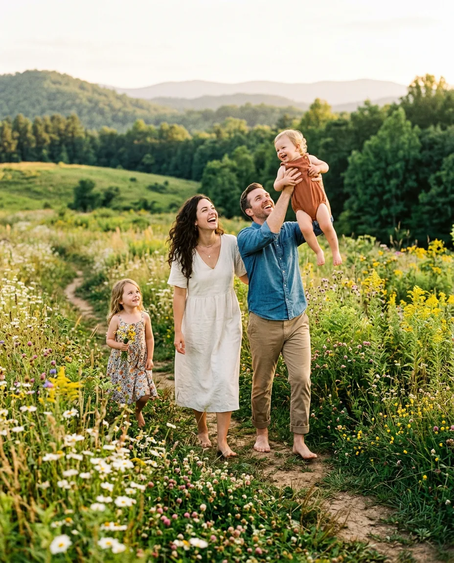 Young family walking through a wildflower meadow at sunset