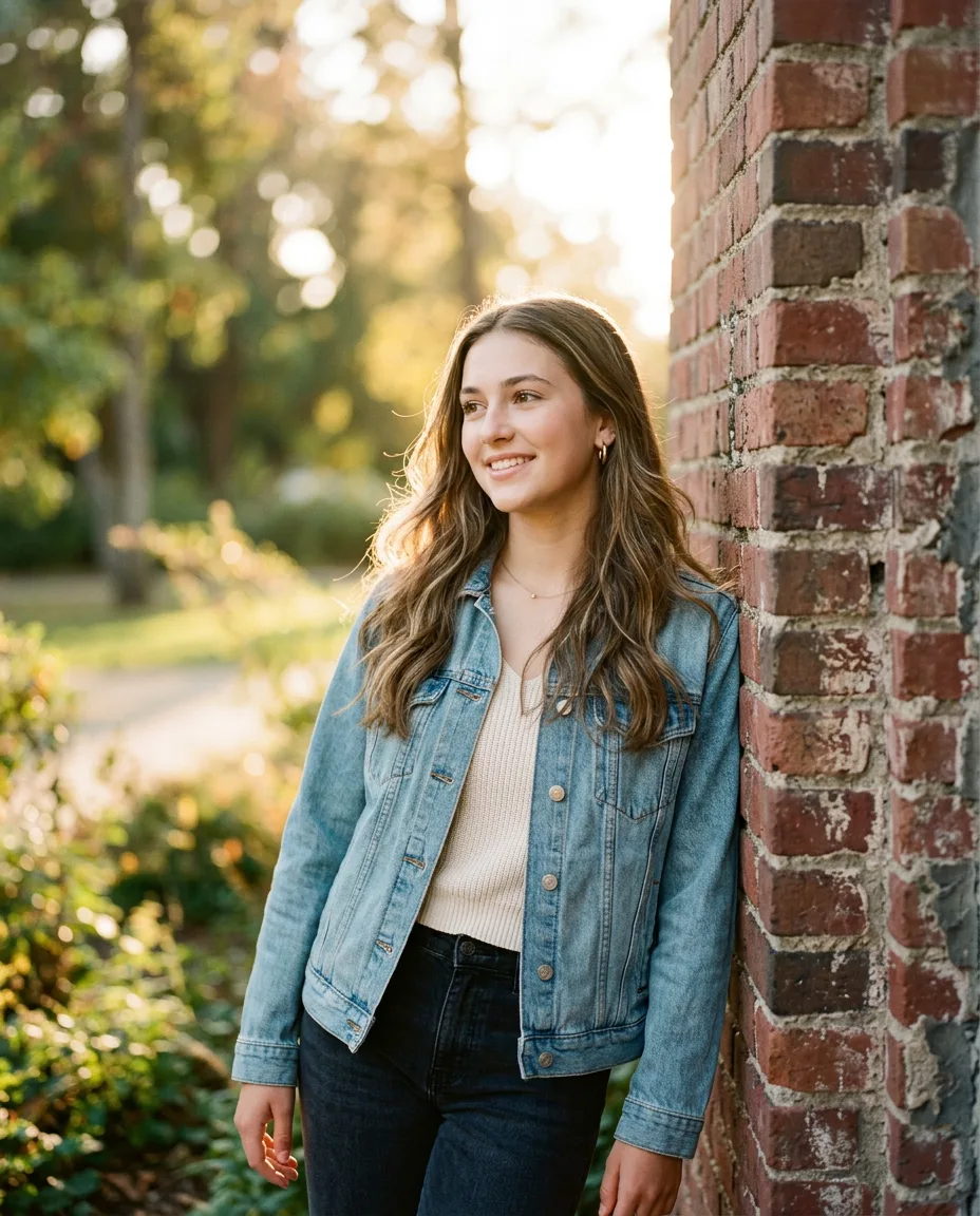 High school senior portrait against a brick wall at golden hour