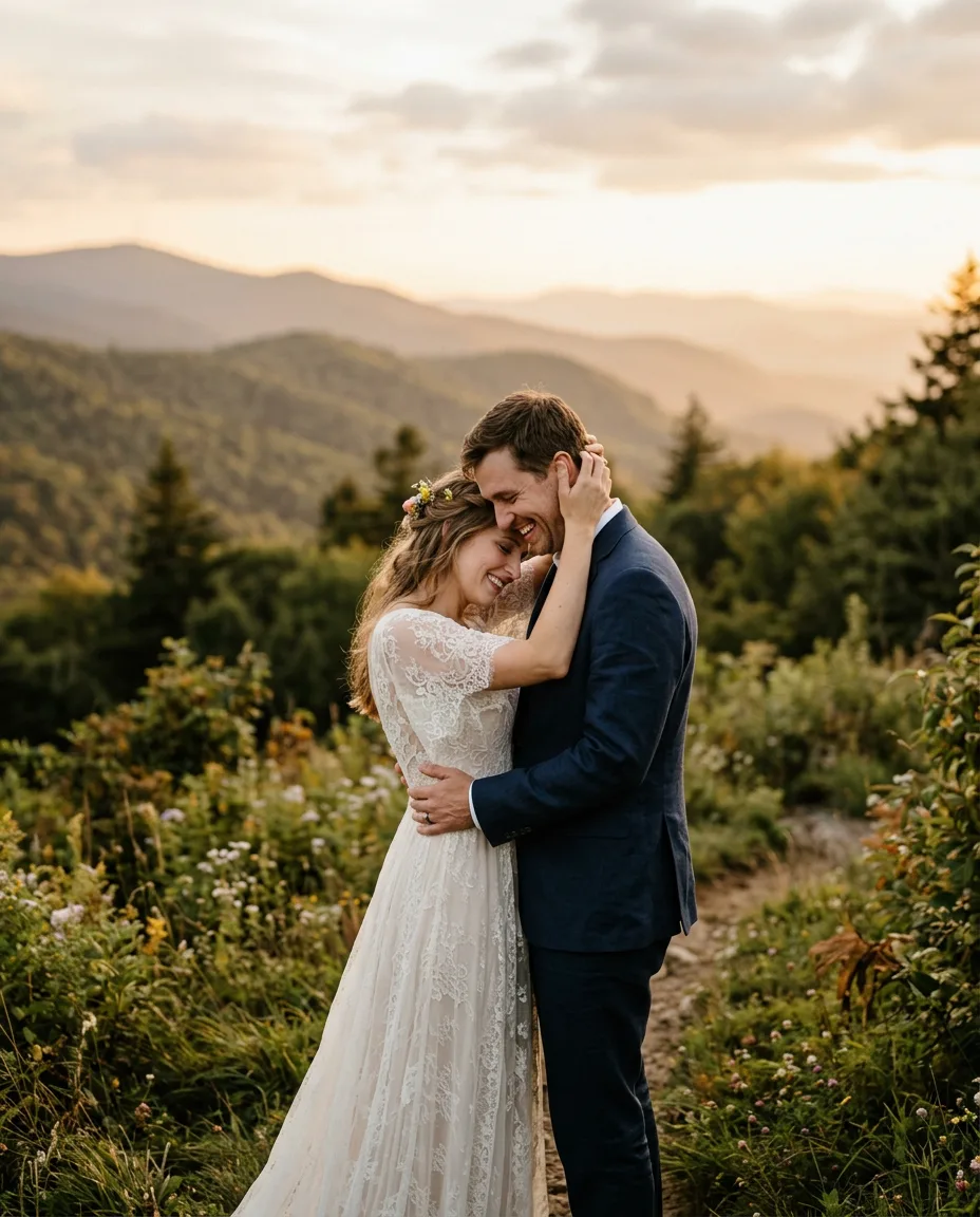 Bride and groom embracing at golden hour in the Blue Ridge mountains